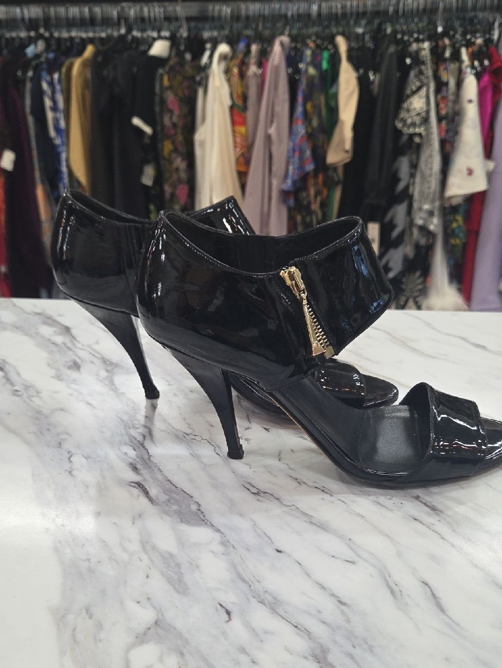 Gucci Black Patent Leather Stiletto Heels with Gold Zip Accent